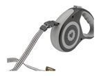 Grey retractable dog leash with a heart design and patterned tape.