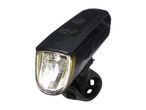 Black bicycle headlight with a clear lens and a power button on top.
