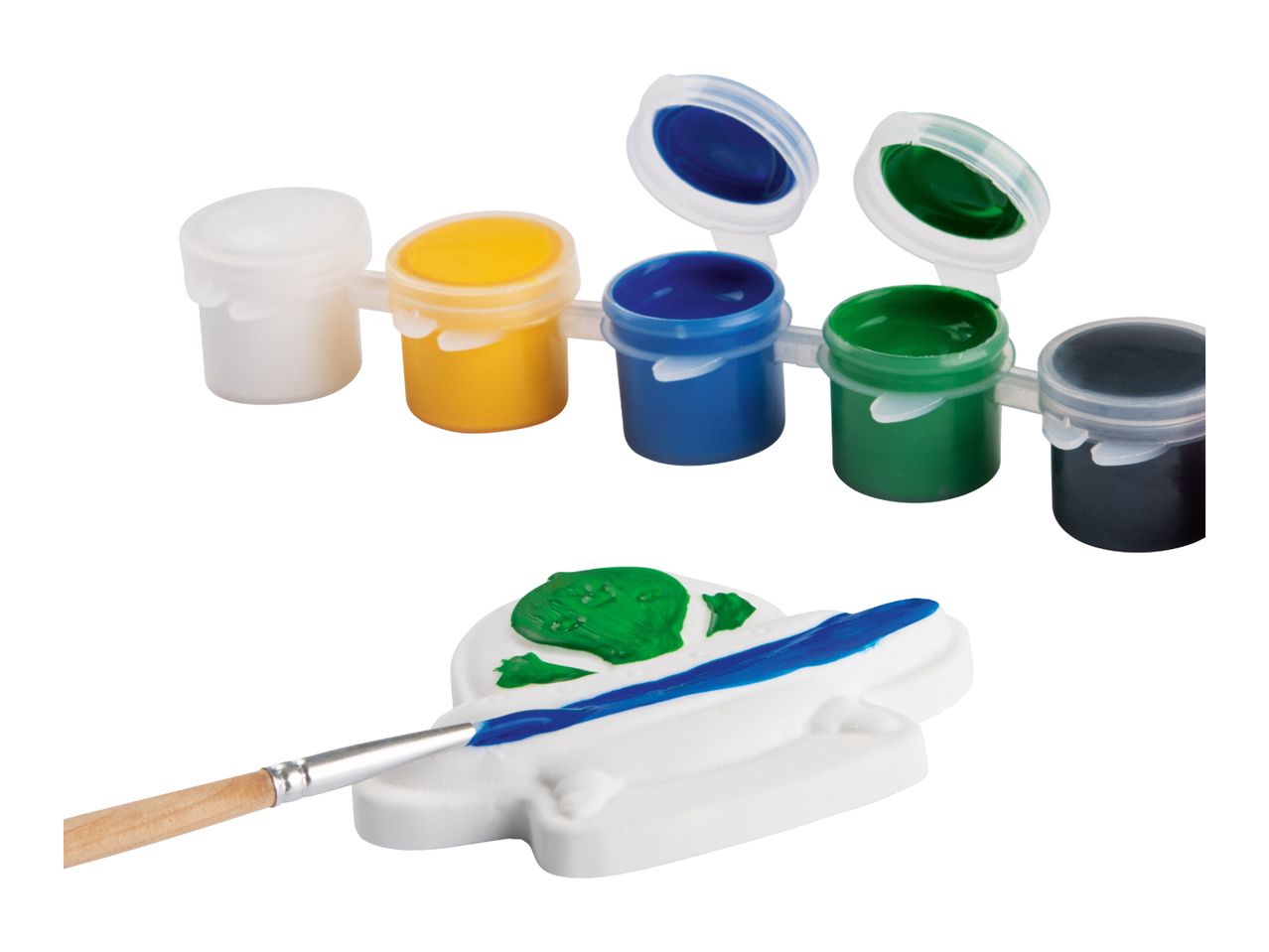 A paint set with multiple colors and a brush painting a white figurine.