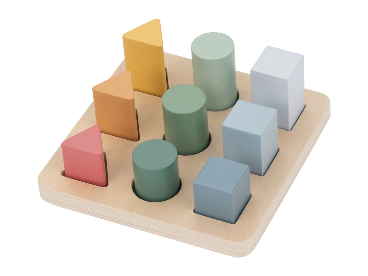 Wooden shape sorter with colorful geometric blocks including triangles, cylinders, and cubes.