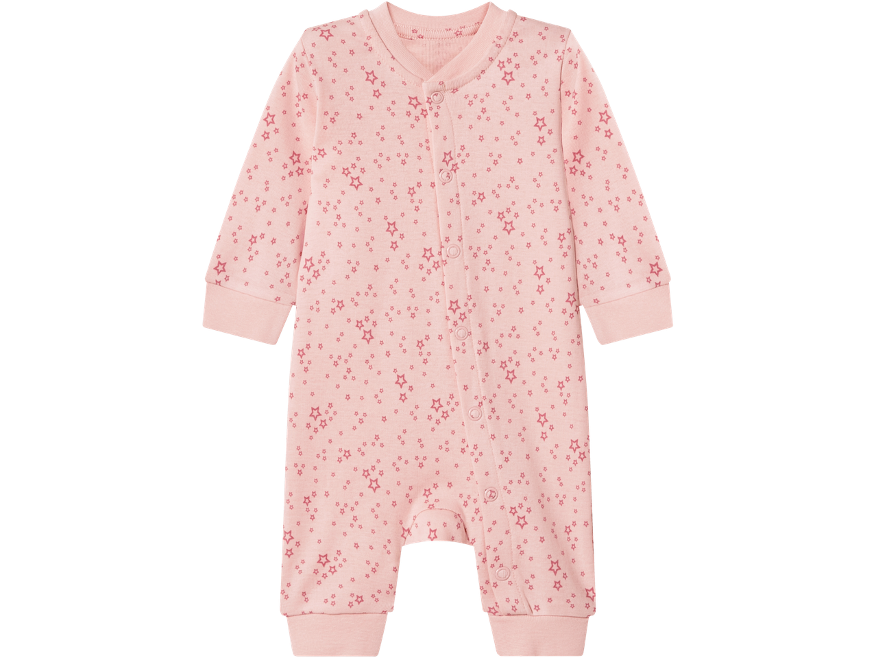 lupilu® Baby Sleepsuit in pink with a star pattern and snap buttons.