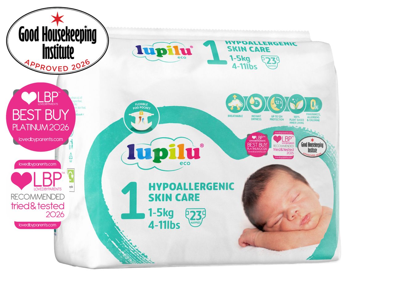 Hypoallergenic skin care nappies for 1-5kg babies, 23 count, with various certifications.
