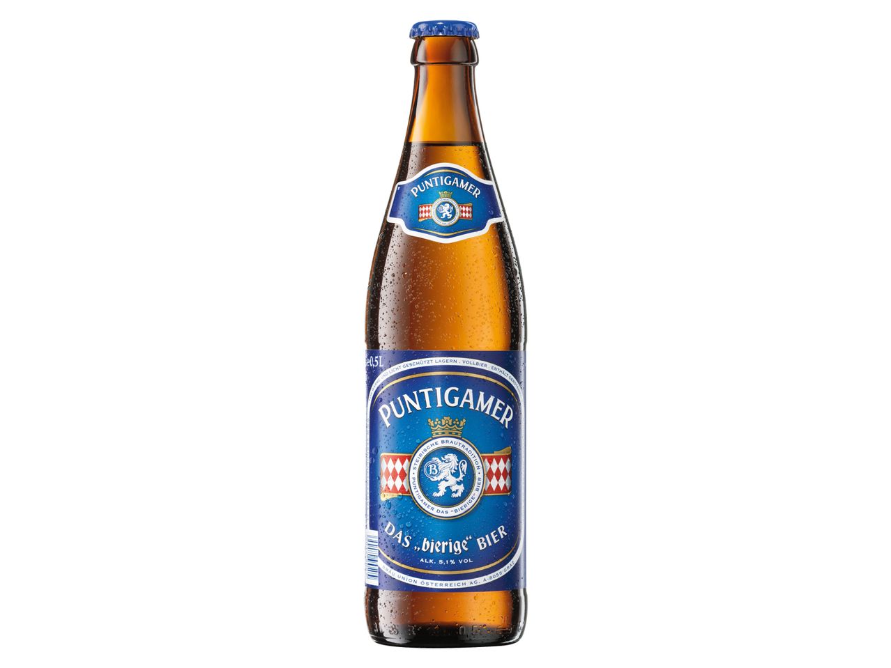 Eine Flasche Puntigamer Bier mit Kondensation auf der Flasche.