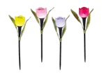 Vier solarbetriebene Gartenleuchten in Tulpenform in Gelb, Pink, Lila und Rot.