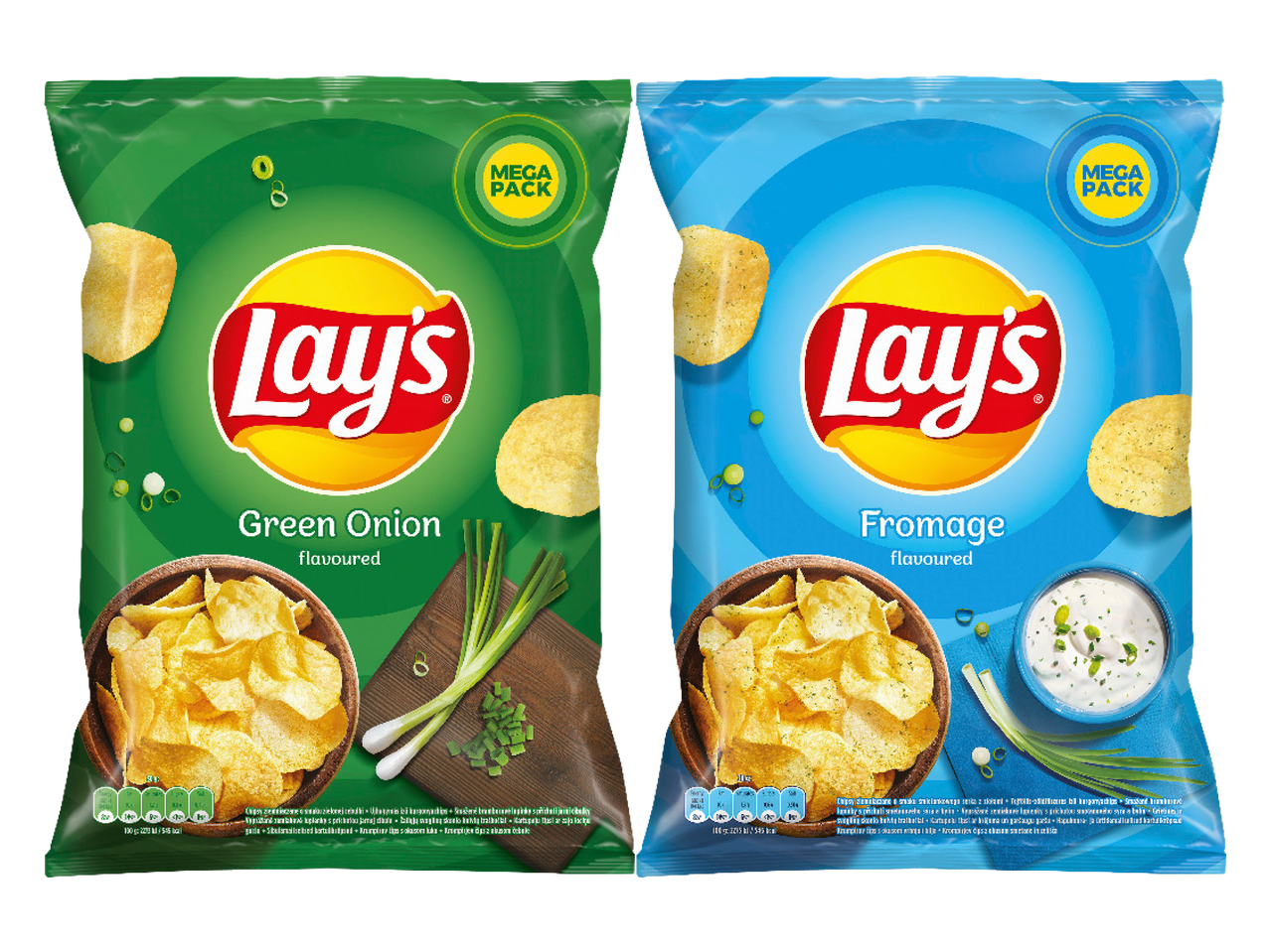 Divi Lays čipsu iepakojumi: zaļš ar zaļajiem sīpoliem un zils ar siera garšu.