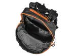 An open black backpack with orange zippers and straps.