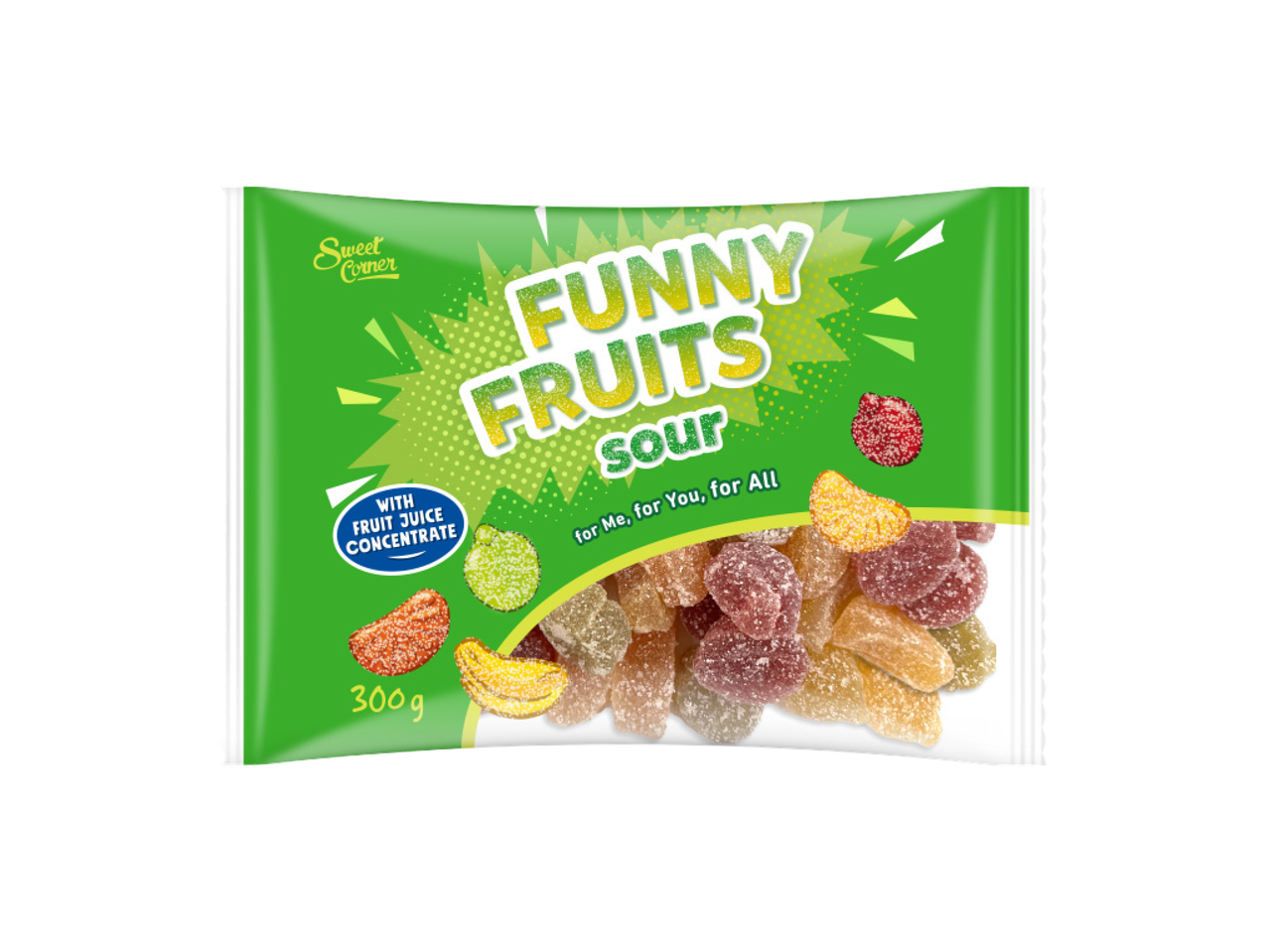 Pakovanje kiselih voćnih gumenih bombona sa natpisom 'Funny Fruits Sour' i težinom 300g.
