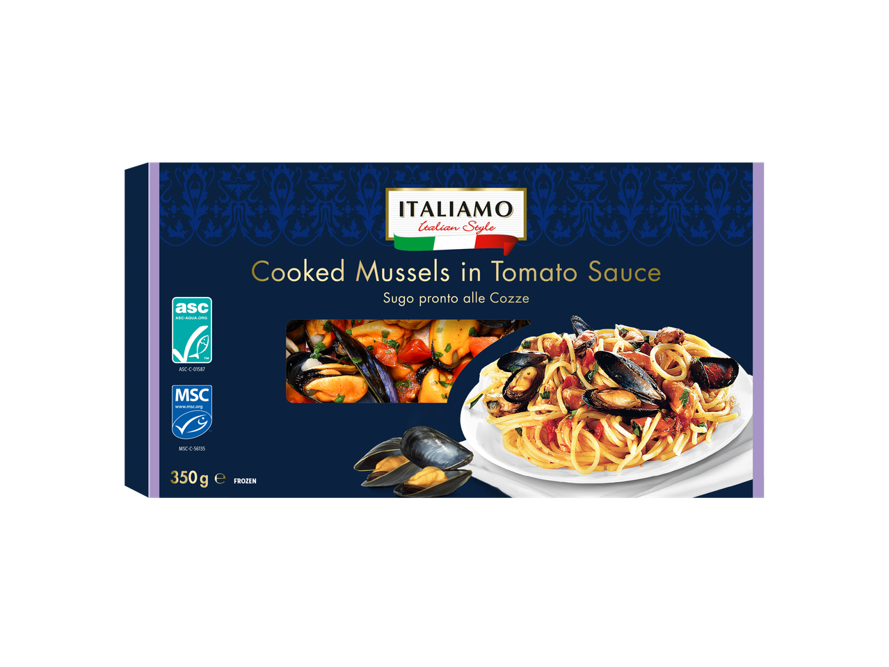 Italiamo Cooked Mussels in Tomato Sauce, 350g frozen product.