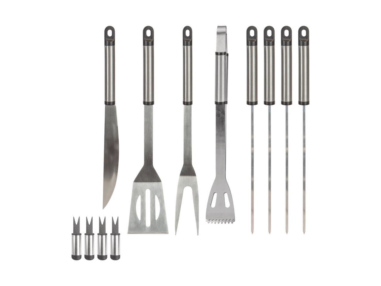 Stainless steel BBQ grilling tool set with spatula, fork, knife, skewers, and carrying case.