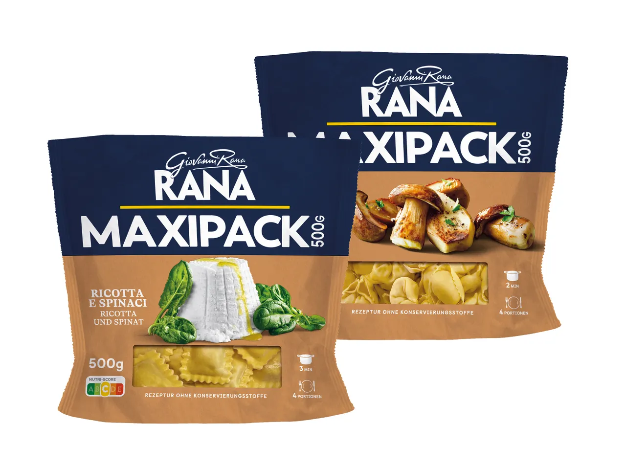 Zwei Giovanni Rana MaxiPack Packungen mit Ricotta-Spinat- und Pilz-Ravioli.
