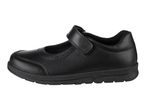 A black leather Mary Jane school shoe with a velcro strap.