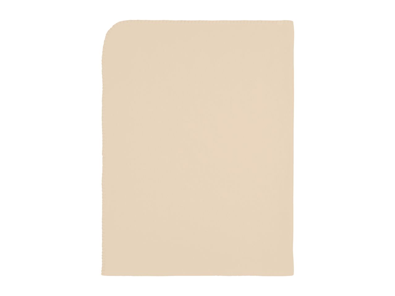 A beige rectangular blanket with a rounded top-left corner and stitched edges.