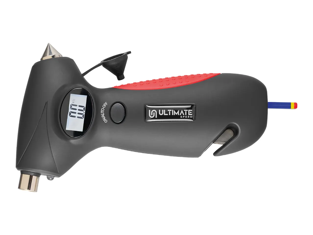 Ultimate Speed 4-in-1 digital tire gauge with emergency hammer and seatbelt cutter