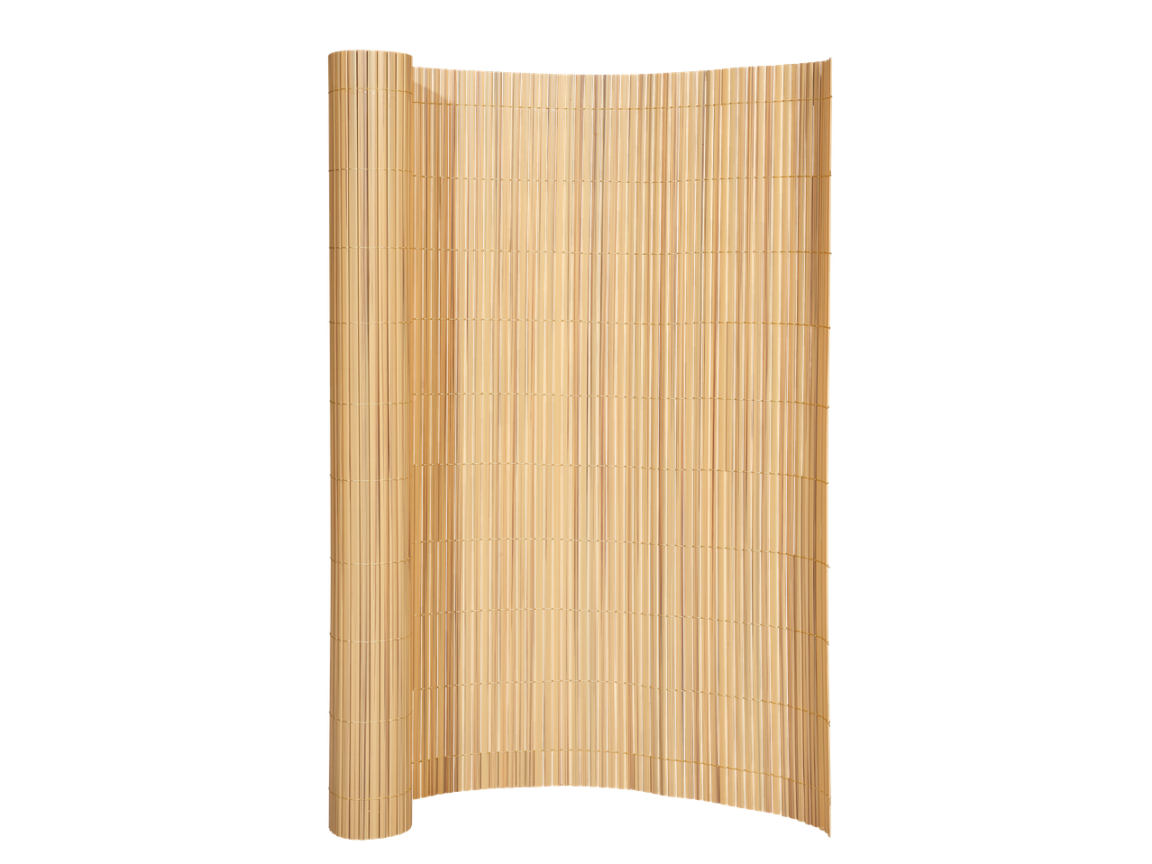 Brise-vue en bambou naturel, partiellement enroulé, sur fond noir.