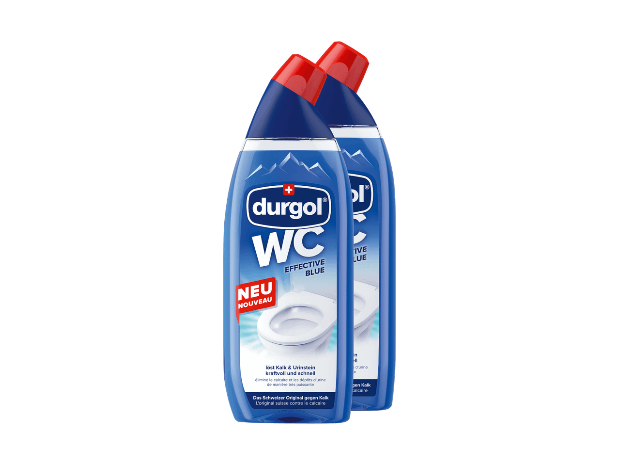 Zwei Flaschen Durgol WC Effective Blue Reiniger mit Toilettenbild und Bergen.