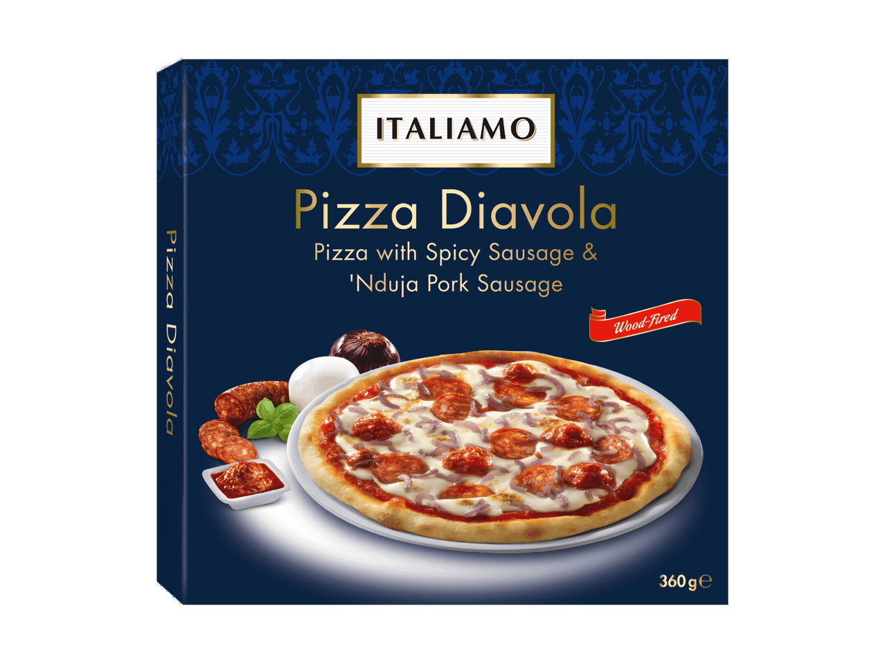 Boîte de pizza Diavola avec saucisse épicée et saucisse de porc 'Nduja, 360g.