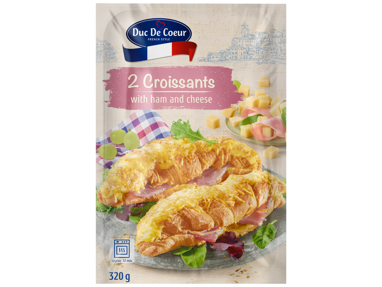 Two Duc De Coeur croissants with ham and cheese.