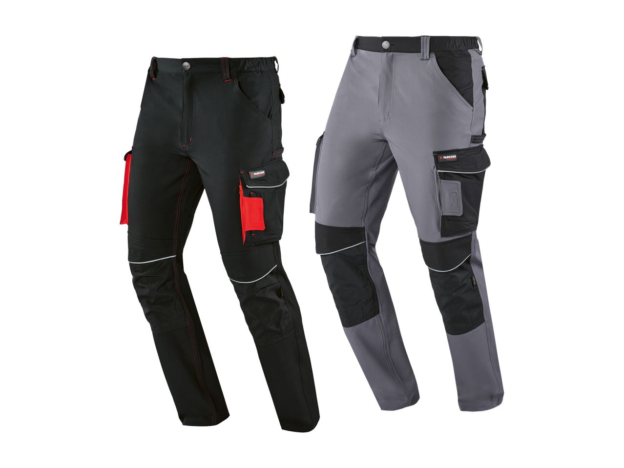 Dvoje delovnih hlač, ene črne z rdečimi detajli in ene sive s črnimi detajli.