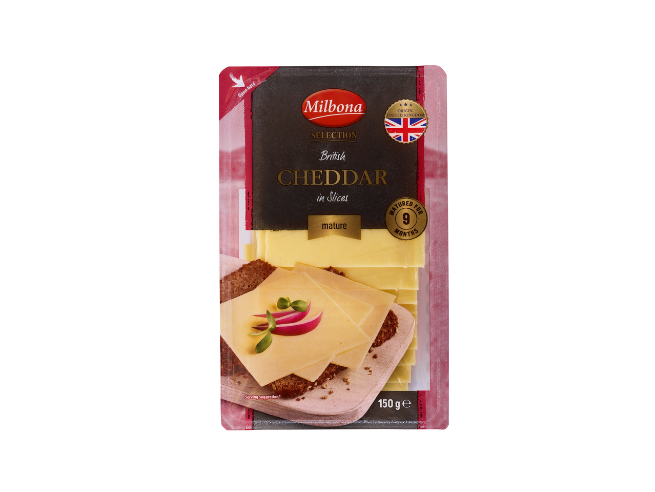 Milbona Cheddar Britanic Matur feliat, 150g, maturat 9 luni, cu sugestie de servire.