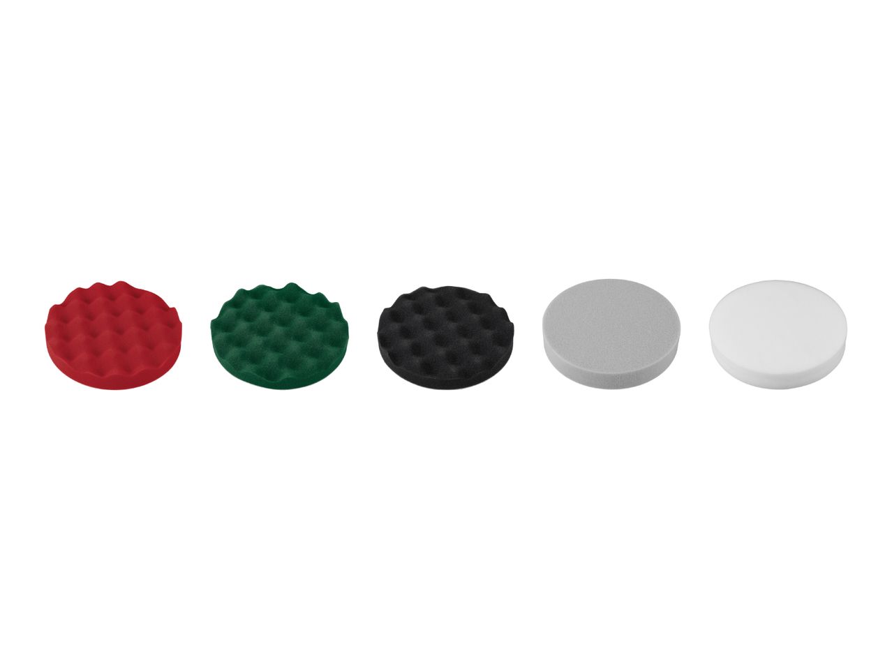 Five polishing sponges in red, green, black, grey, and white.