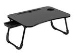 Black portable laptop desk with a cup holder and a small drawer.