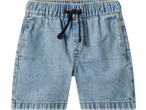 Light blue denim shorts with an elasticated waist and black drawstring.