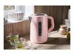 Pink electric kettle on a wooden counter with two glasses of iced tea.