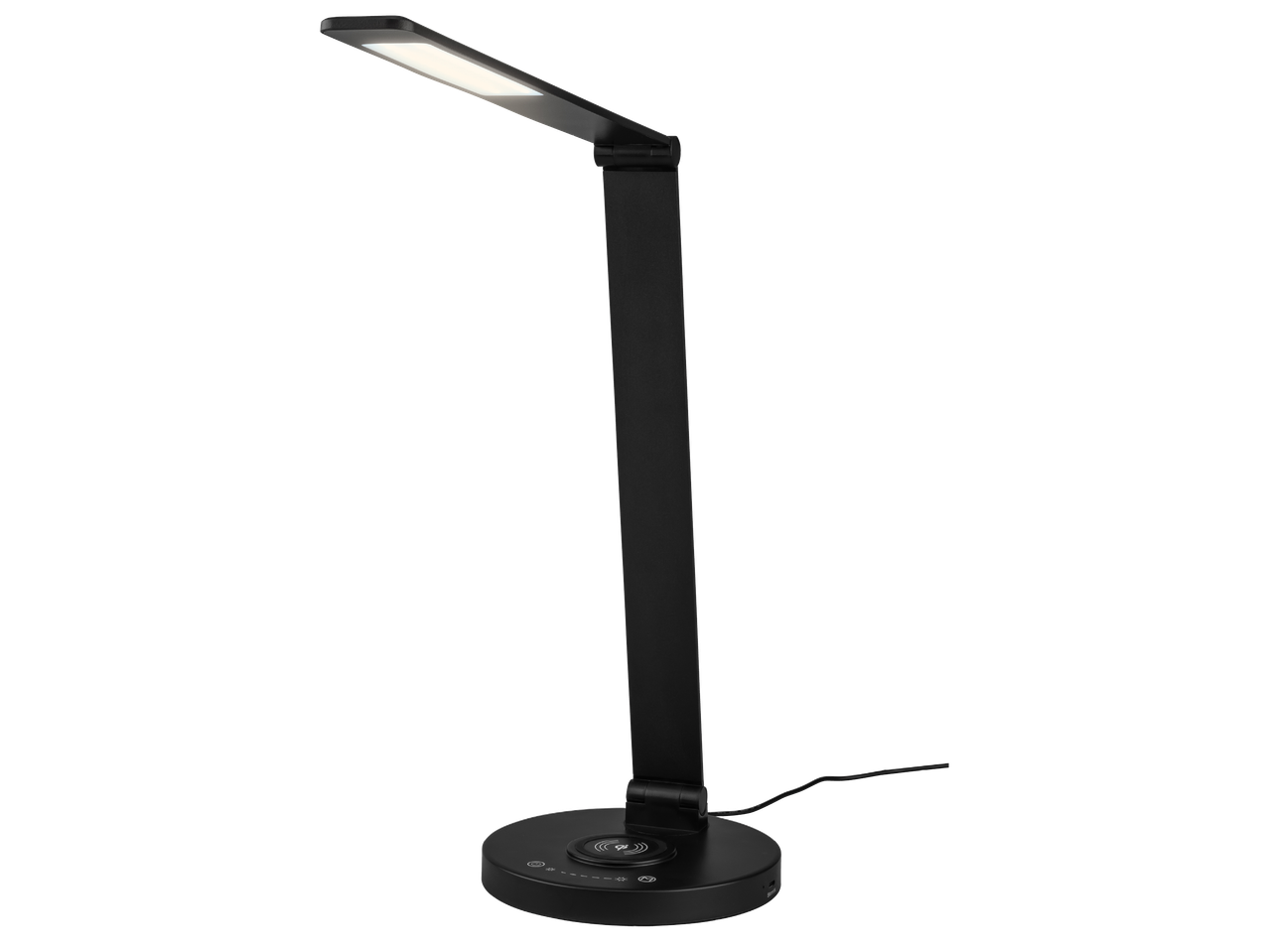 Черна LED настолна лампа с безжично зареждане.