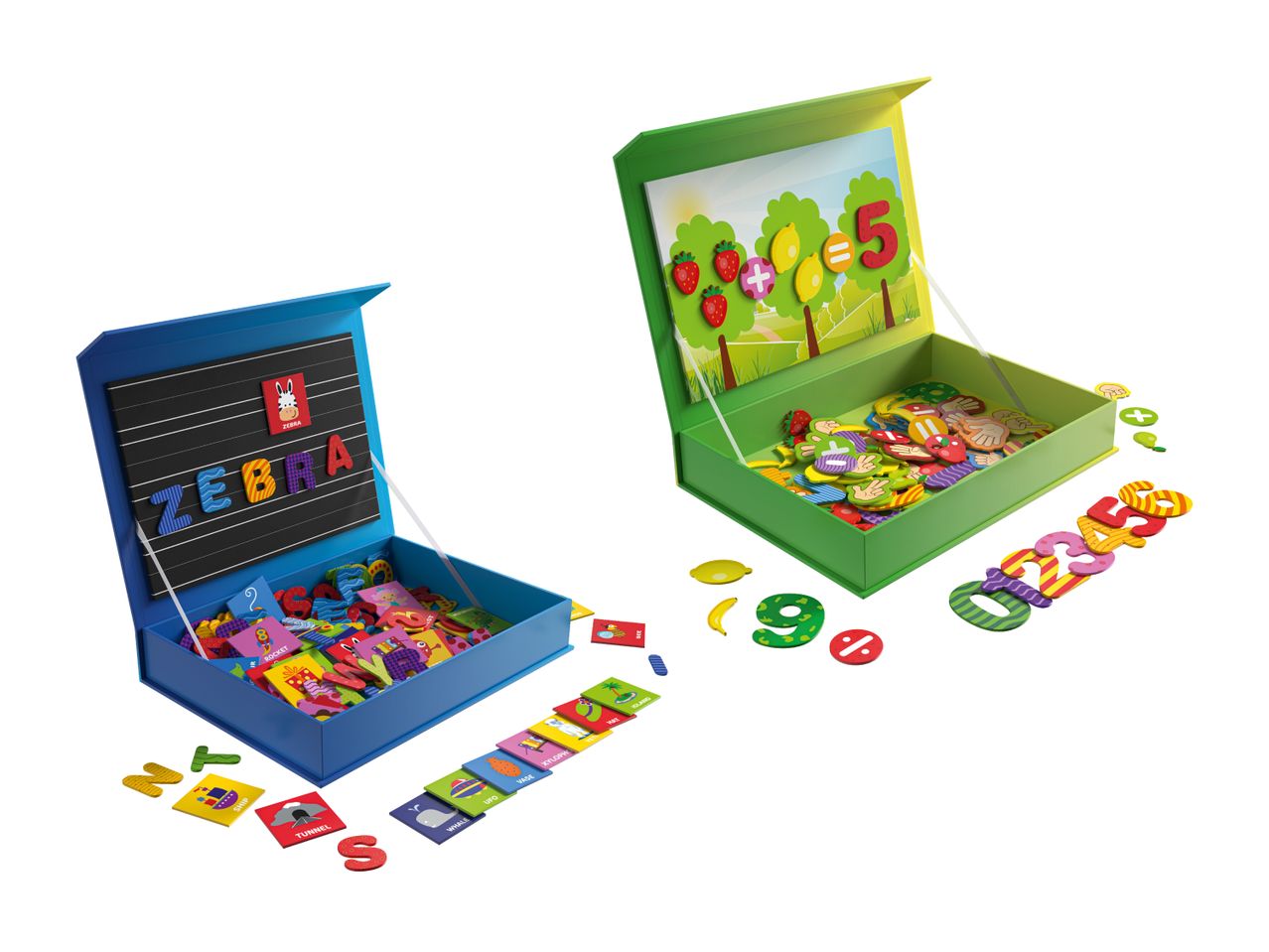 Zwei magnetische Lernspiele: Zahlen und Buchstaben in ihren Boxen.