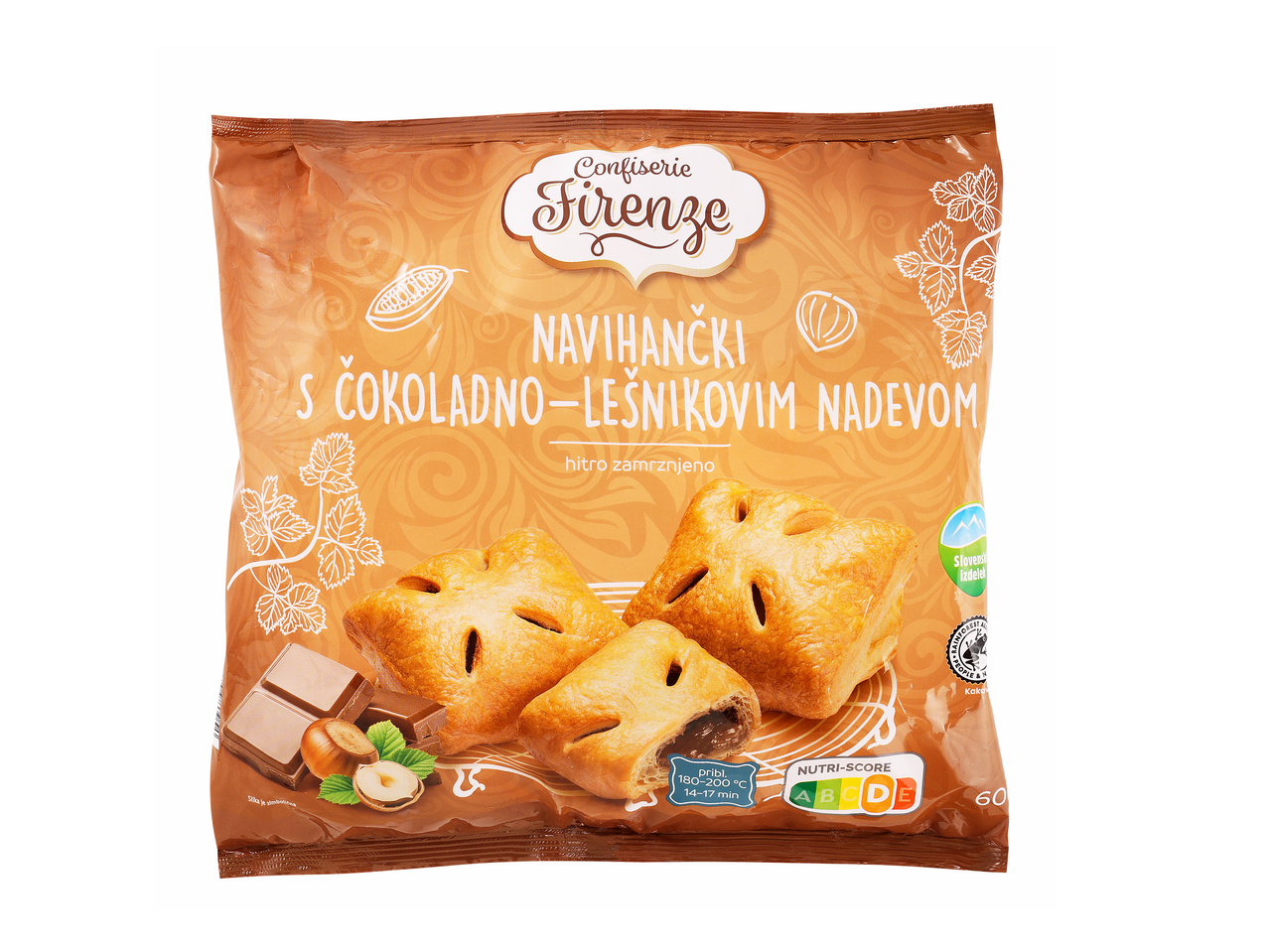 Paket zamrznjenih zvitkov s čokoladno-lešnikovim nadevom, prikazuje čas peke in Nutri-Score.