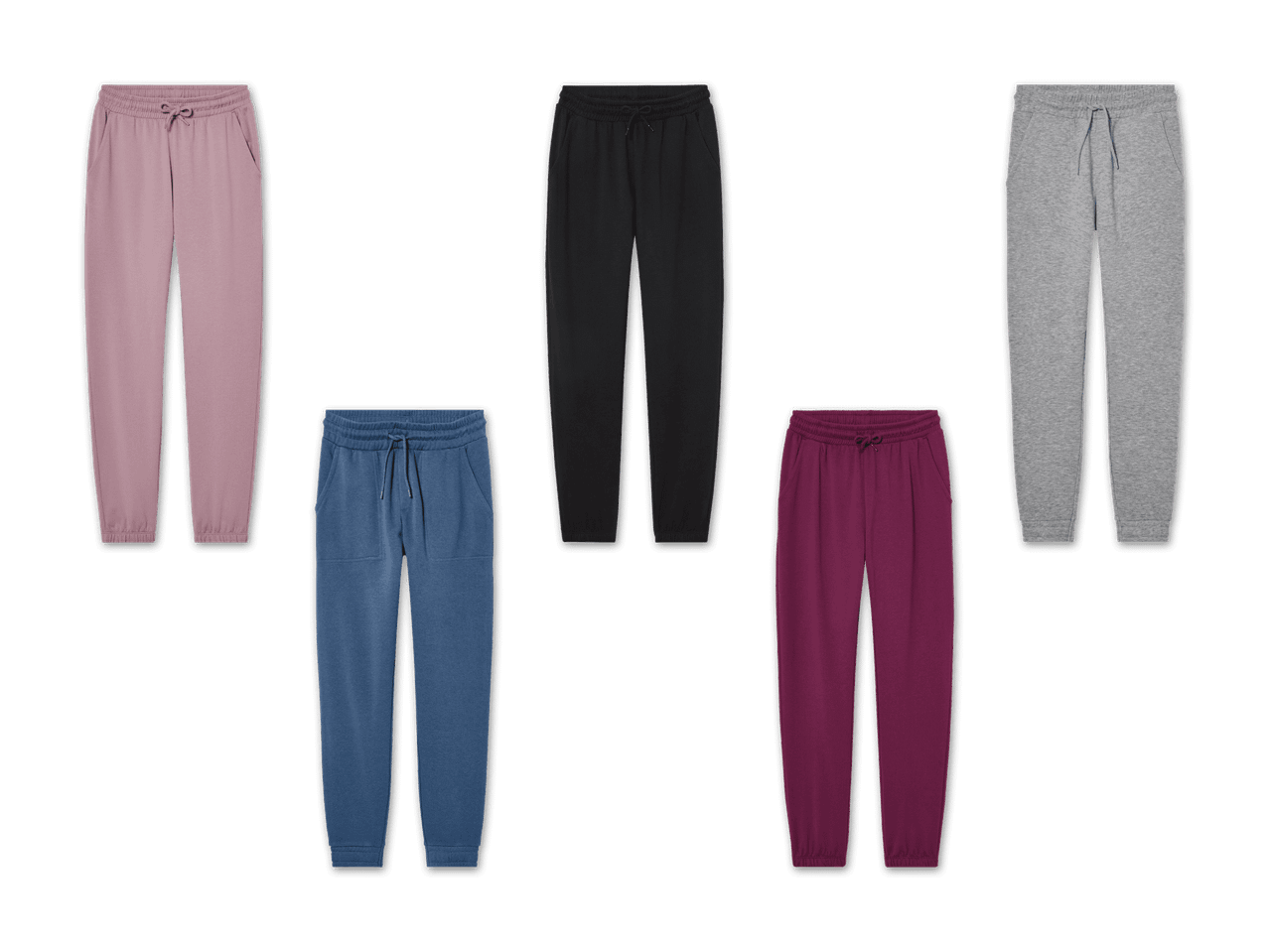 Fünf Jogginghosen in Rosa, Schwarz, Grau, Blau und Weinrot