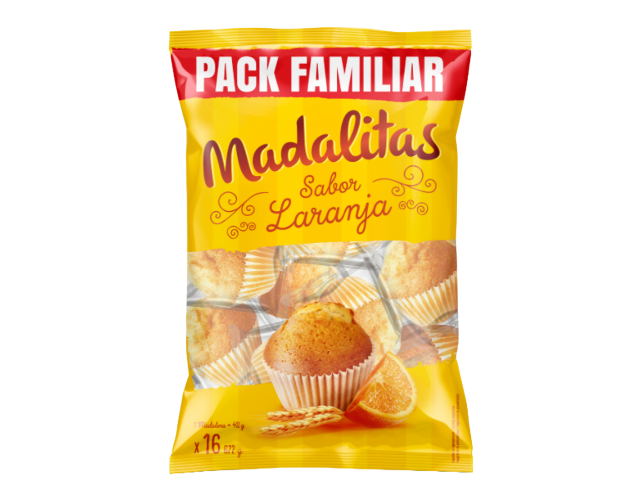 Embalagem familiar de queques de laranja, com 16 unidades.