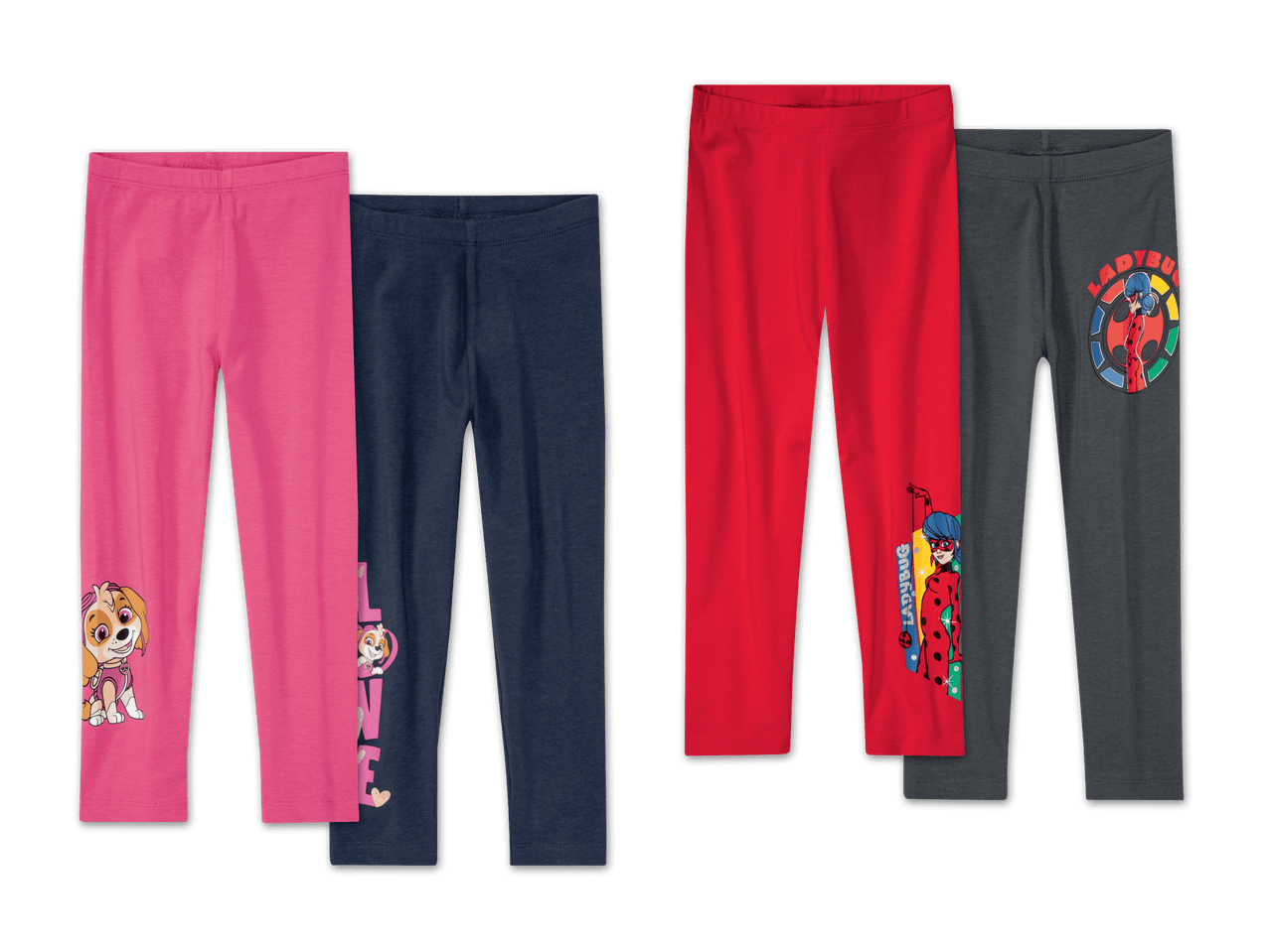 Vier Paar Kinderleggings mit Motiven von Paw Patrol und Ladybug.