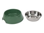 A green plastic pet bowl and a stainless steel pet bowl.