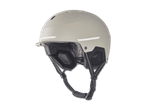 Ein beiger Snowboardhelm mit schwarzen Riemen und reflektierenden Streifen.