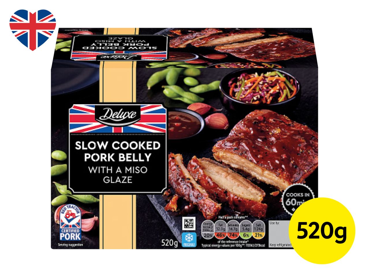 Lidl Deluxe Slow Cooked Pork Belly with Miso Glaze, 520g, with a Union Jack heart logo.