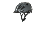 Grey bicycle helmet with reflective straps and a red buckle on a black background.