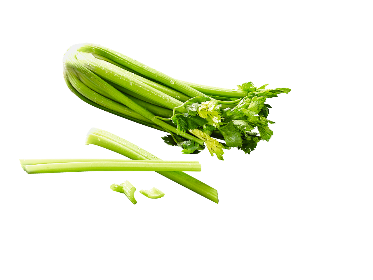 Fresh celery stalks and leaves, some cut, against a black background.