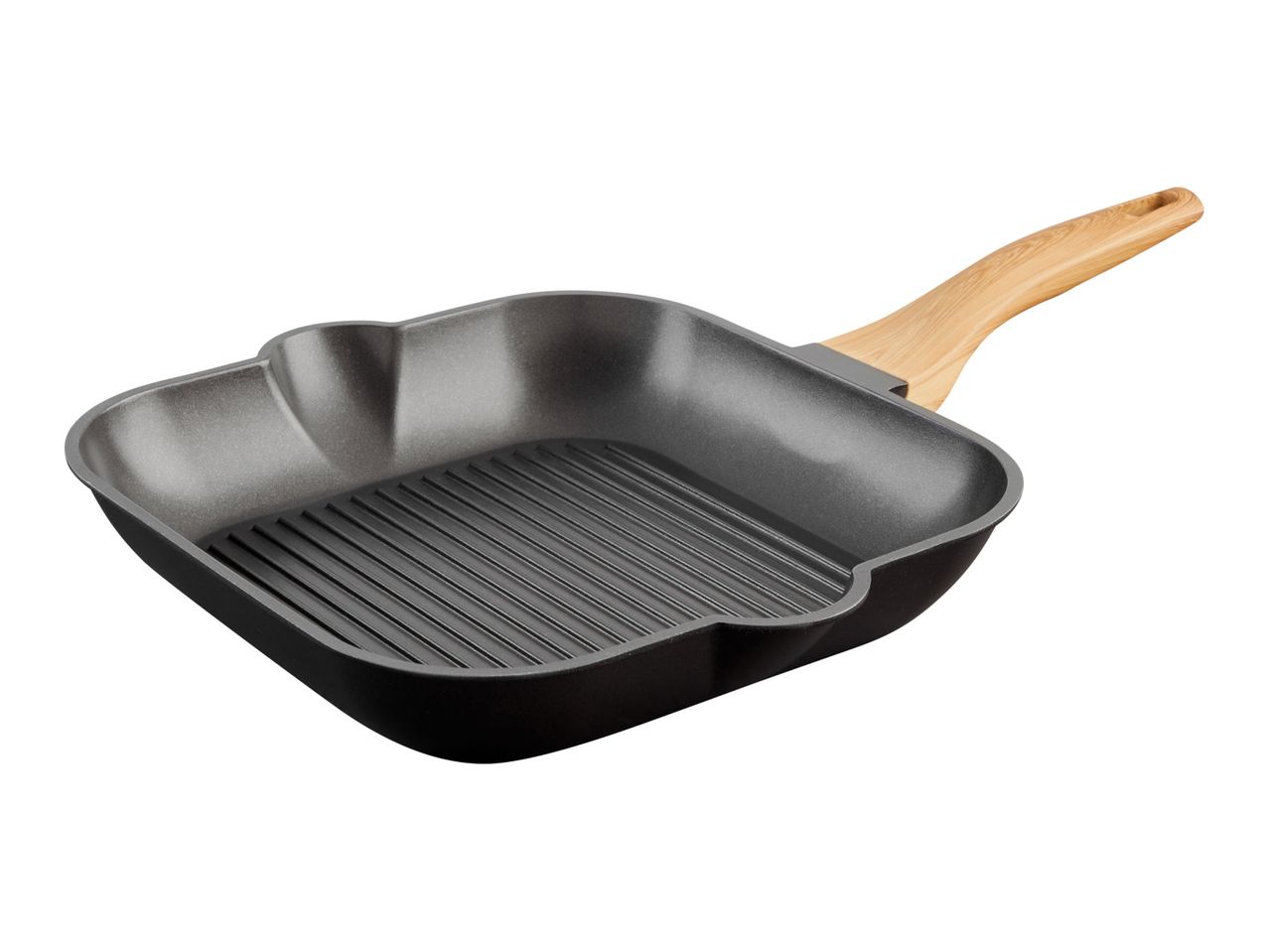 Grill pan with wooden handle.