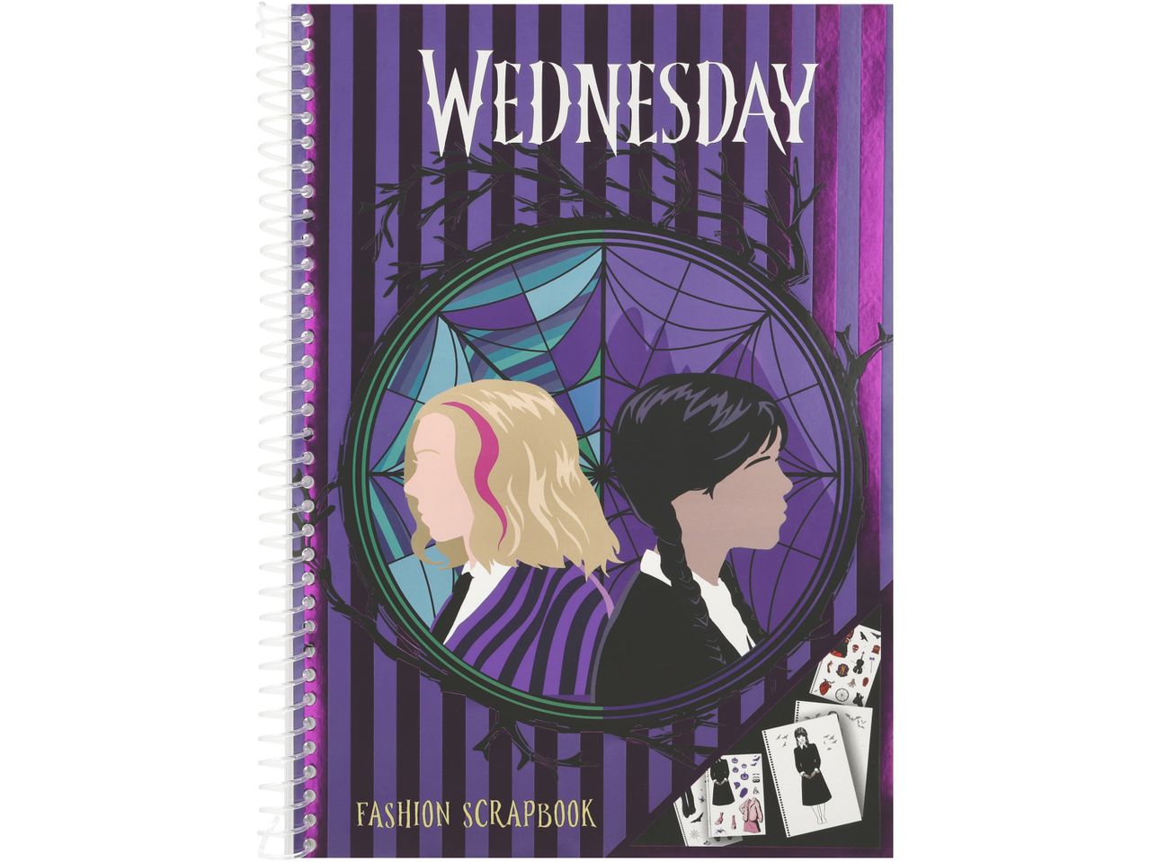 Wednesday fashion scrapbook with illustrations of Wednesday and Enid