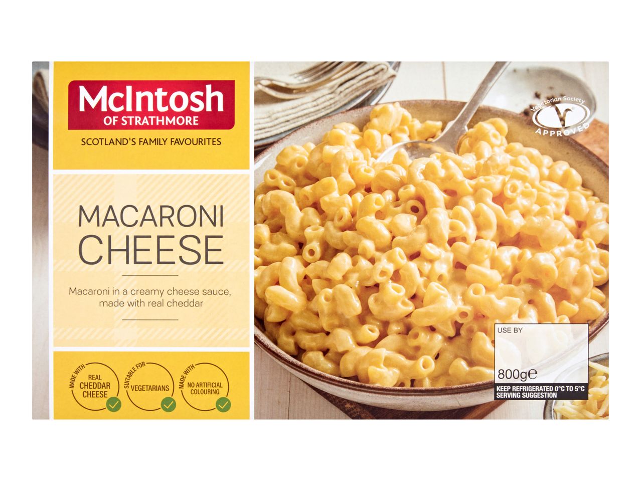 Macaroni cheese in a bowl with a spoon, with text about being vegetarian and made with real cheddar.