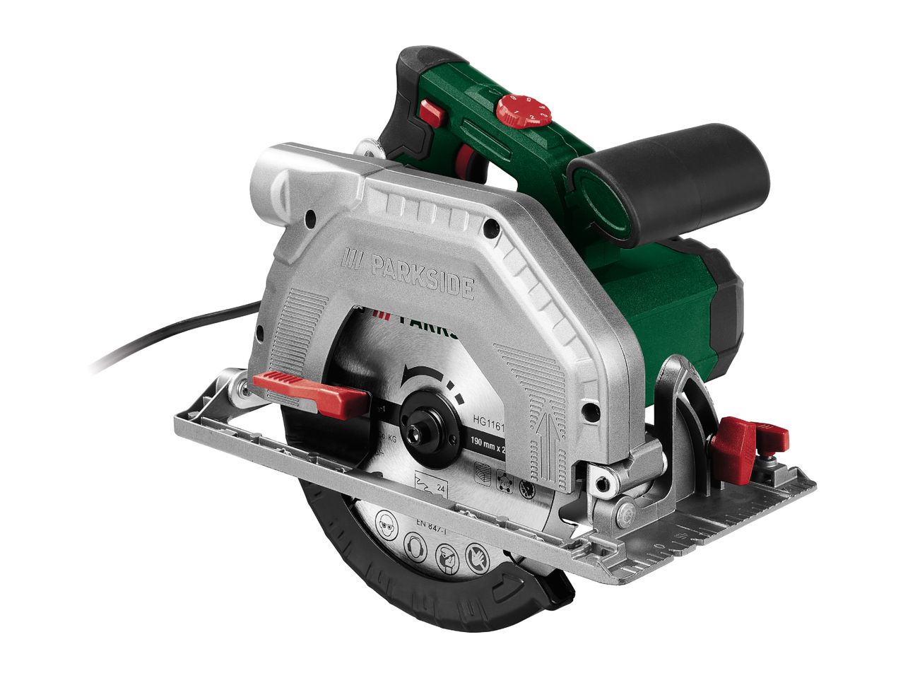 A Parkside HG1161 circular saw with a 190mm blade is shown.