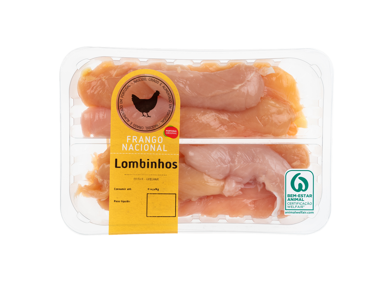 Lombinhos de frango em embalagem transparente com rótulo amarelo, indicando origem portuguesa e bem-estar animal.
