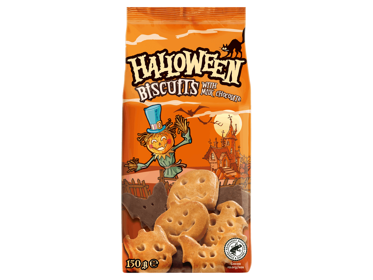 Halloween-i keksz tejcsokoládéval, 150 g-os kiszerelésben.