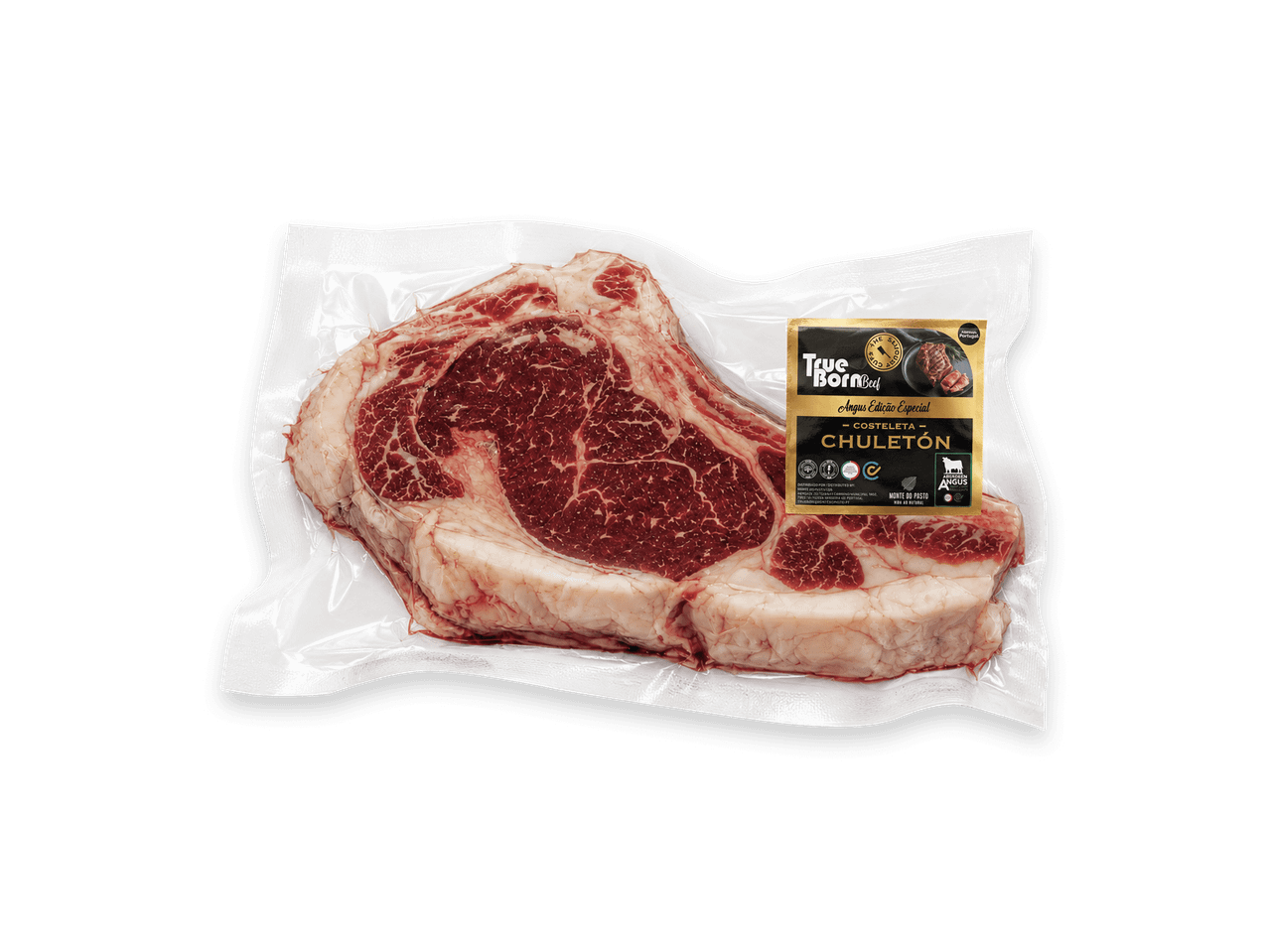 Bife de costela Angus embalado a vácuo com rótulo preto e dourado.