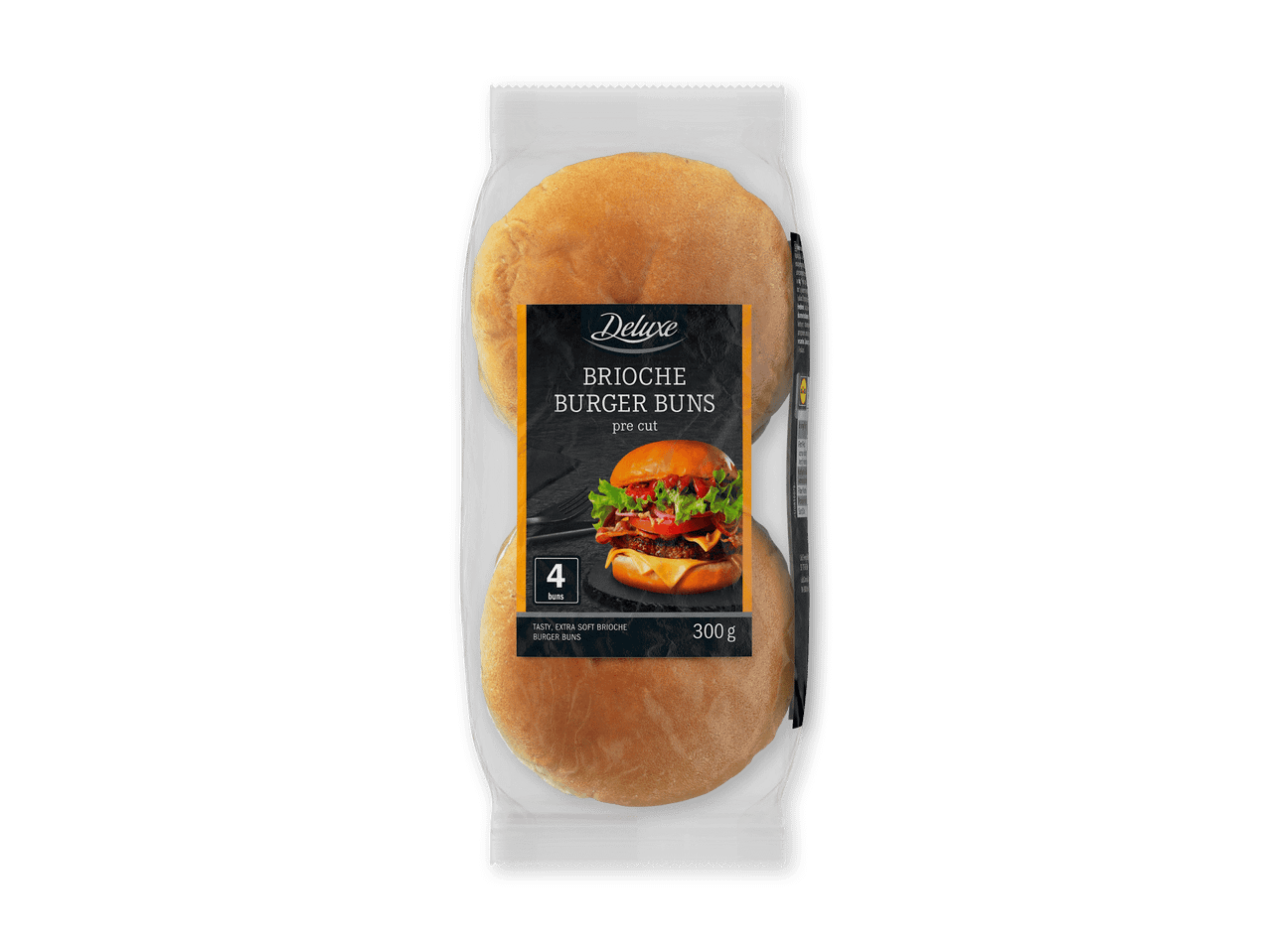 Pakke med fire brioche burgerboller, forklippet, 300g.