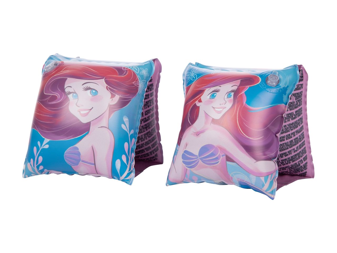 Two inflatable armbands featuring a cartoon mermaid, with text on the side.