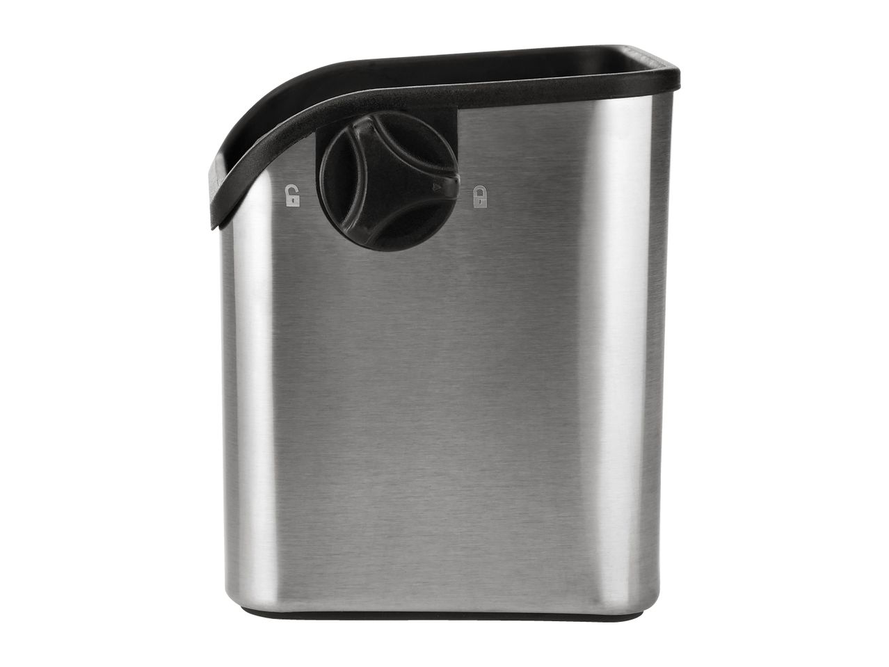 Stainless steel kitchen utensil holder with a black rotating lock mechanism.