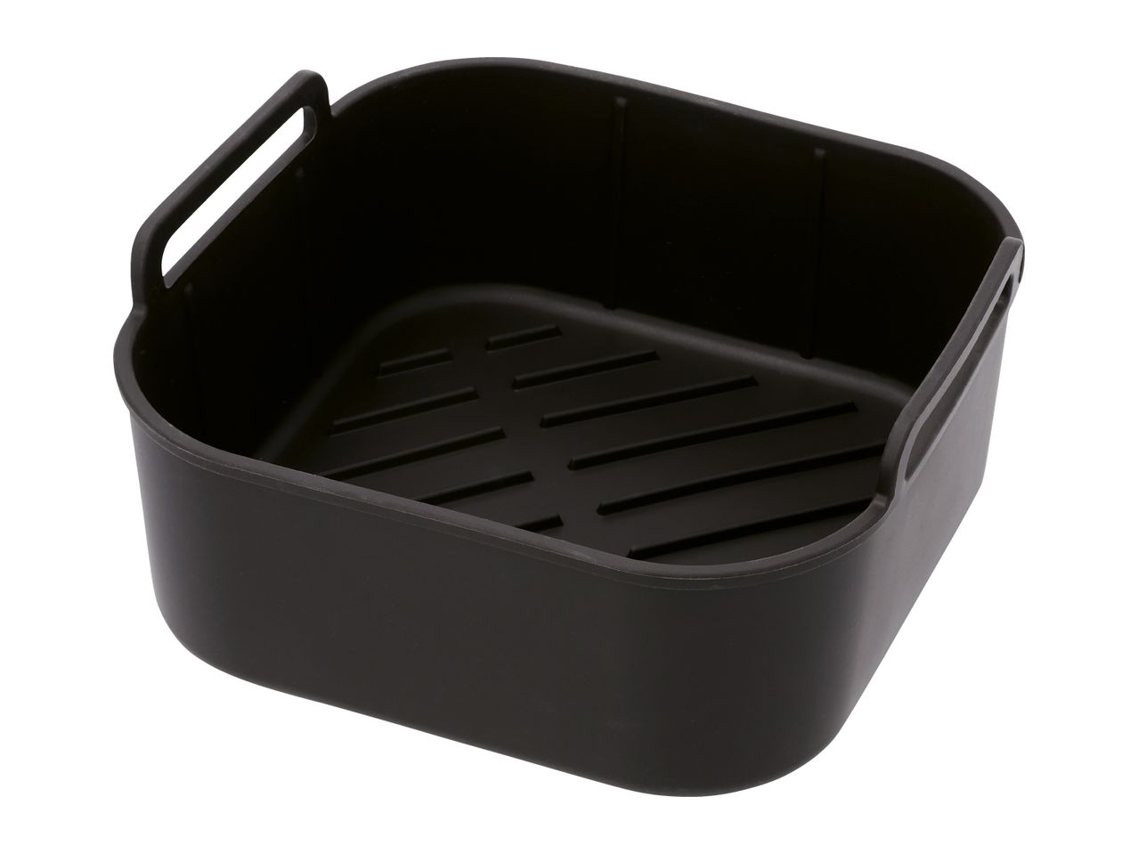 Black silicone air fryer basket with handles and a ridged bottom.