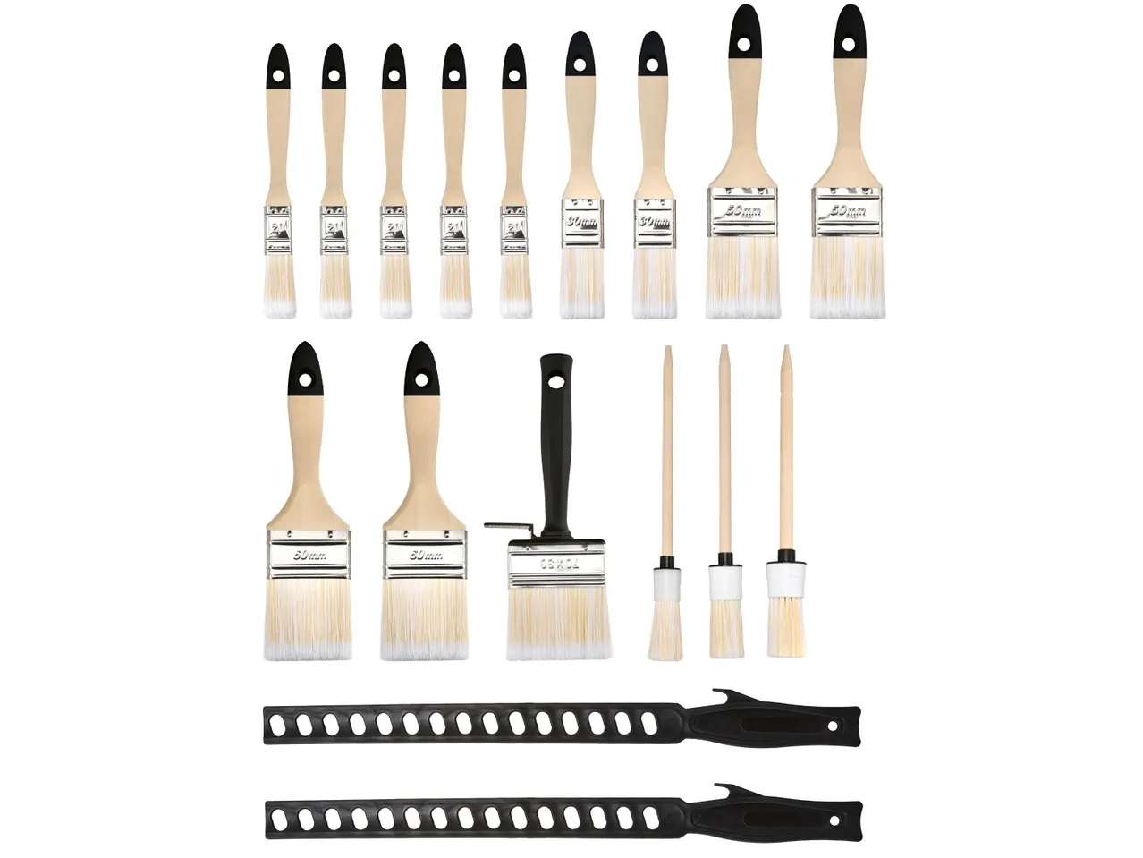 Vari pennelli per pittura e due supporti per pennelli.